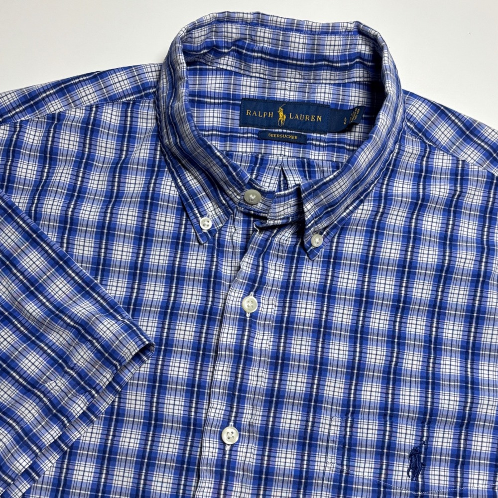 Ralph Lauren Blue White Seersucker Plaid Mens L Short Sleeve Button Down Shirt